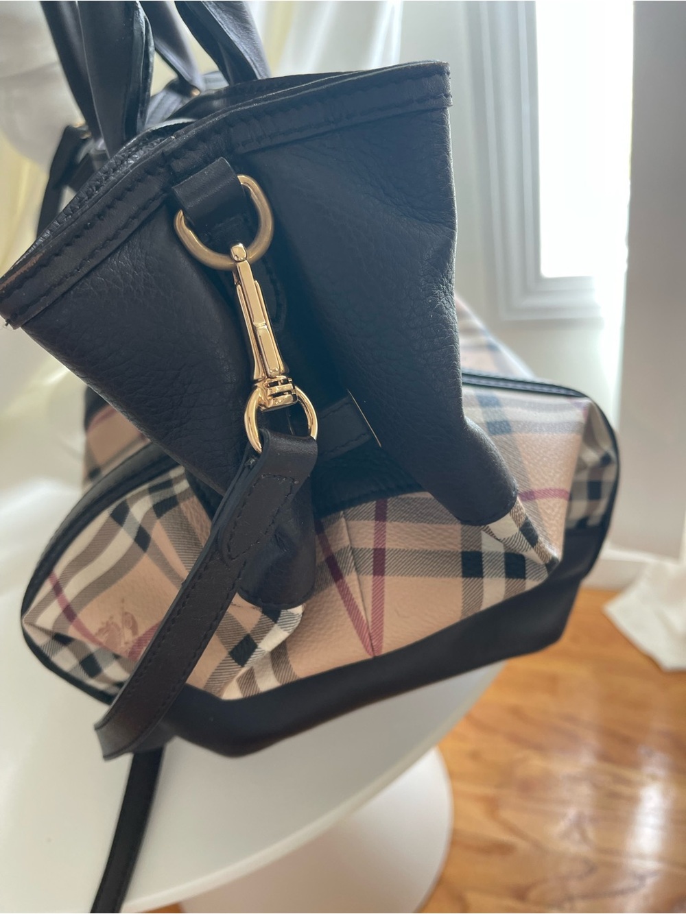 Burberry Black Leather and Beige Check Satchel - Picture 8 of 9